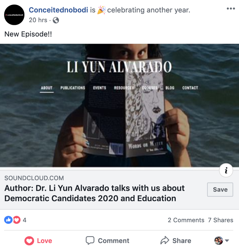 Image of a Facebook post announcing a new #conceitednobodi podcast episode. Image features a screenshot of liyunalvarado.com which has a picture of Li Yun Alvarado holding a copy of her poetry collection: Words or Water.