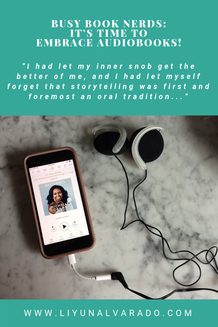 An image of Michelle Obama's Audiobook Becoming on a cellphone plus headphones on a marble counter. Heading reads: Busy Book Nerds: It's Time To Embrace Audiobooks!