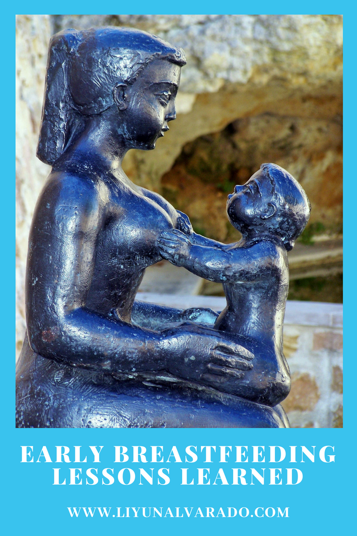 A photo of a statue of a child holding mother's breasts. The border text reads: Early Breastfeeding Lessons Learned. www.liyunalvarado.com