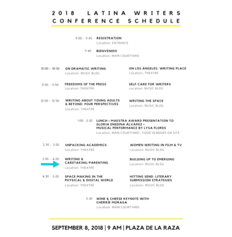 Image of the Latina Writing Conference's Complete Schedule with my Panel 