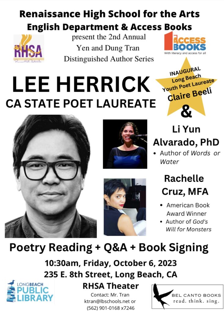 Poster for Yen and Dung Tran Distinguished Author Series, including photos of poets Lee Herrick, Li Yun Alvarado, and Rachelle Cruz
